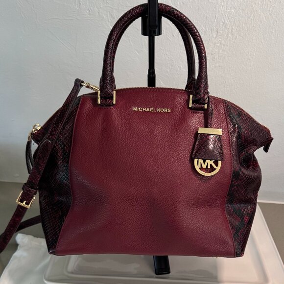 Michael Kors Leather Riley Satchel Handbag. Rich wine color with snakeskin. - Picture 1 of 16